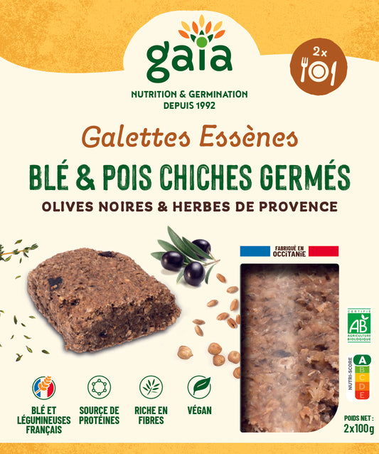 Gaia -- Galettes Essènes de blé & pois chiches germés, olives noires & herbes de Provence bio - 2 x 100 g