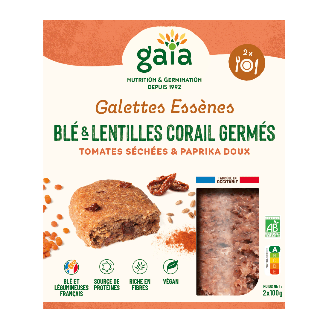 Gaia -- Galettes essènes blé & lentilles corail germés, tomates, paprika bio - 2 x 100 g