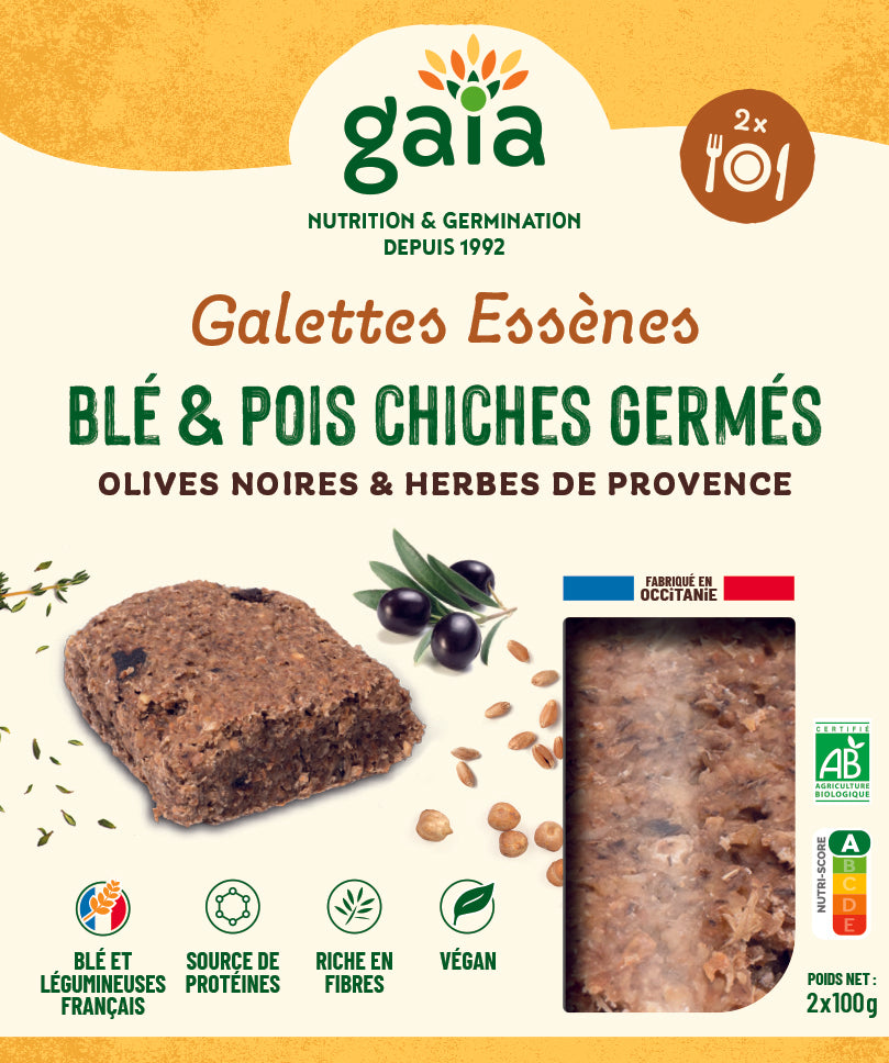 Gaia -- Galettes Essènes de blé & pois chiches germés, olives noires & herbes de Provence bio - 2 x 100 g
